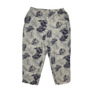 SAG HARBOR Linen Pull On Crop Pants Beige Blue Palm Floral Size 12 Women Tapered